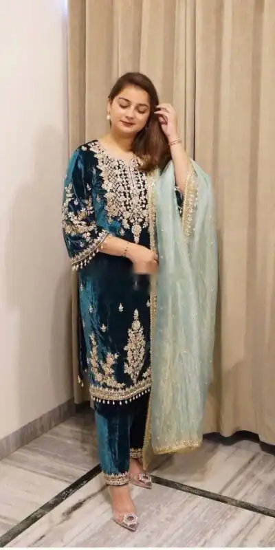 WW 1236 Blue Viscose Velvet Salwar Suit with Embroidery Work & Lace Work. Grab it for ₹2299. Delivery 4-6 Working Days. Shop now. | Jump Suits, Straight Suits, Casual Suits, Creative suits, Designer Suits, Palazzo Suits, Party Wear Suits, Patiala Suits, Salwar suit