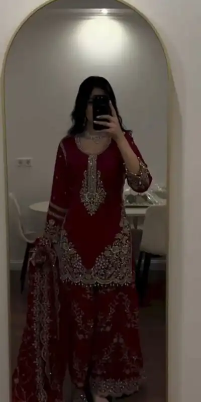ZSR 3187 Maroon Faux Georgette Salwar Suit with Mirror Work & Embroidery Work. Get it for ₹2349. Delivery 4-6 Working Days. Shop now. | Jump Suits, Straight Suits, Casual Suits, Creative suits, Designer Suits, Palazzo Suits, Party Wear Suits, Patiala Suits, Salwar suit