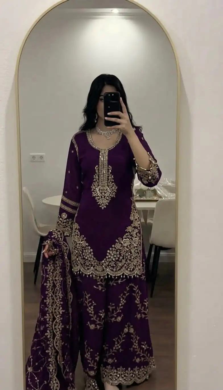 ZSR 3187 Purple Faux Georgette Salwar Suit with Mirror Work & Embroidery Work. Get it for ₹2349. Delivery 4-6 Working Days. Shop now. | Jump Suits, Straight Suits, Casual Suits, Creative suits, Designer Suits, Palazzo Suits, Party Wear Suits, Patiala Suits, Salwar suit