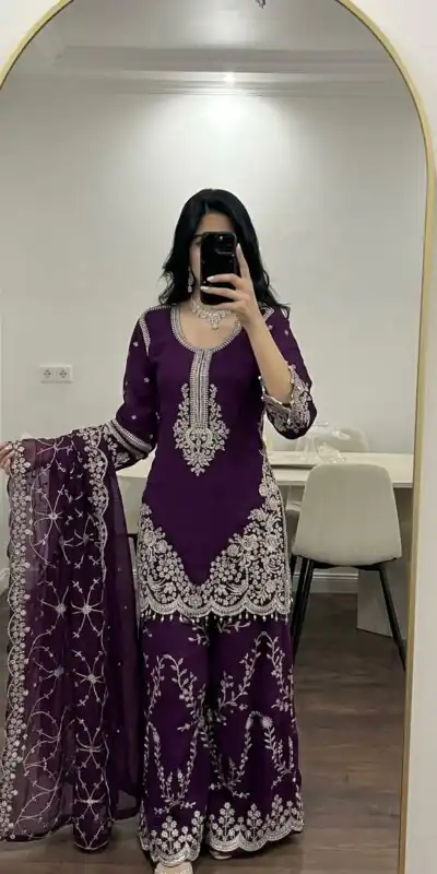 ZSR 3187 Purple Faux Georgette Salwar Suit with Mirror Work & Embroidery Work. Get it for ₹2349. Delivery 4-6 Working Days. Shop now. | Jump Suits, Straight Suits, Casual Suits, Creative suits, Designer Suits, Palazzo Suits, Party Wear Suits, Patiala Suits, Salwar suit