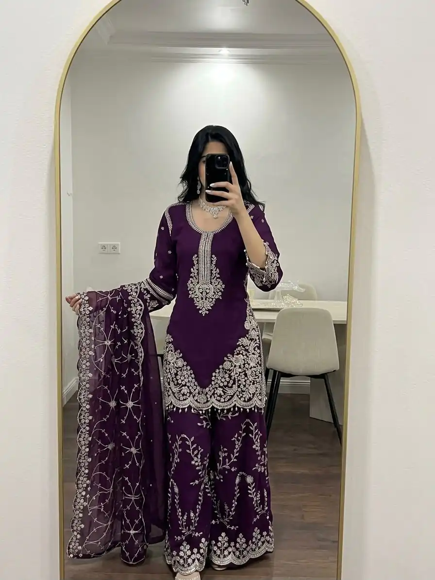 ZSR 3187 Purple Faux Georgette Salwar Suit with Mirror Work & Embroidery Work. Get it for ₹2349. Delivery 4-6 Working Days. Shop now. | Jump Suits, Straight Suits, Casual Suits, Creative suits, Designer Suits, Palazzo Suits, Party Wear Suits, Patiala Suits, Salwar suit