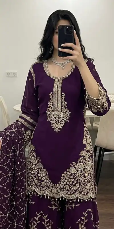 ZSR 3187 Purple Faux Georgette Salwar Suit with Mirror Work & Embroidery Work. Get it for ₹2349. Delivery 4-6 Working Days. Shop now. | Jump Suits, Straight Suits, Casual Suits, Creative suits, Designer Suits, Palazzo Suits, Party Wear Suits, Patiala Suits, Salwar suit