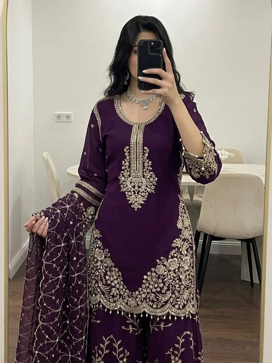 ZSR 3187 Purple Faux Georgette Salwar Suit with Mirror Work & Embroidery Work. Get it for ₹2349. Delivery 4-6 Working Days. Shop now. | Jump Suits, Straight Suits, Casual Suits, Creative suits, Designer Suits, Palazzo Suits, Party Wear Suits, Patiala Suits, Salwar suit