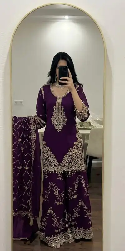 ZSR 3187 Purple Faux Georgette Salwar Suit with Mirror Work & Embroidery Work. Get it for ₹2349. Delivery 4-6 Working Days. Shop now. | Jump Suits, Straight Suits, Casual Suits, Creative suits, Designer Suits, Palazzo Suits, Party Wear Suits, Patiala Suits, Salwar suit