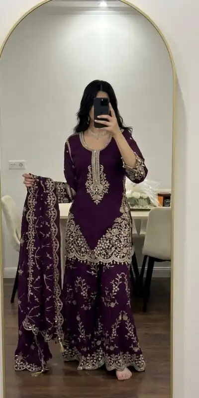 ZSR 3187 Purple Faux Georgette Salwar Suit with Mirror Work & Embroidery Work. Get it for ₹2349. Delivery 4-6 Working Days. Shop now. | Jump Suits, Straight Suits, Casual Suits, Creative suits, Designer Suits, Palazzo Suits, Party Wear Suits, Patiala Suits, Salwar suit