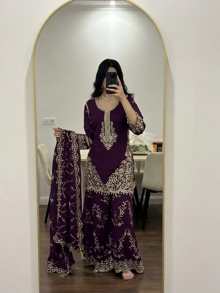 ZSR 3187 Purple Faux Georgette Salwar Suit with Mirror Work & Embroidery Work. Get it for ₹2349. Delivery 4-6 Working Days. Shop now. | Jump Suits, Straight Suits, Casual Suits, Creative suits, Designer Suits, Palazzo Suits, Party Wear Suits, Patiala Suits, Salwar suit