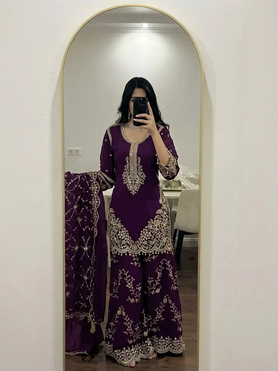 ZSR 3187 Purple Faux Georgette Salwar Suit with Mirror Work & Embroidery Work. Get it for ₹2349. Delivery 4-6 Working Days. Shop now. | Jump Suits, Straight Suits, Casual Suits, Creative suits, Designer Suits, Palazzo Suits, Party Wear Suits, Patiala Suits, Salwar suit