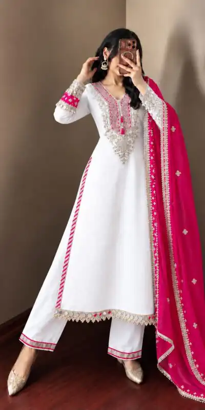 ZSR 3190 White Color Chinon Silk Embroidery Work Salwar Suit . Get it for ₹2349. Delivery 4-6 Working Days. Online Shop now. | Jump Suits, Straight Suits, Casual Suits, Creative suits, Designer Suits, Palazzo Suits, Party Wear Suits, Patiala Suits, Salwar suit
