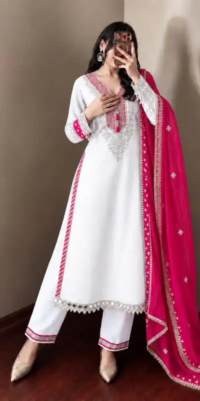 ZSR 3190 White Color Chinon Silk Embroidery Work Salwar Suit . Get it for ₹2349. Delivery 4-6 Working Days. Online Shop now. | Jump Suits, Straight Suits, Casual Suits, Creative suits, Designer Suits, Palazzo Suits, Party Wear Suits, Patiala Suits, Salwar suit