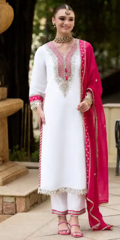 ZSR 3190 White Color Chinon Silk Embroidery Work Salwar Suit . Get it for ₹2349. Delivery 4-6 Working Days. Online Shop now. | Jump Suits, Straight Suits, Casual Suits, Creative suits, Designer Suits, Palazzo Suits, Party Wear Suits, Patiala Suits, Salwar suit