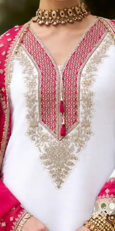 ZSR 3190 White Color Chinon Silk Embroidery Work Salwar Suit . Get it for ₹2349. Delivery 4-6 Working Days. Online Shop now. | Jump Suits, Straight Suits, Casual Suits, Creative suits, Designer Suits, Palazzo Suits, Party Wear Suits, Patiala Suits, Salwar suit
