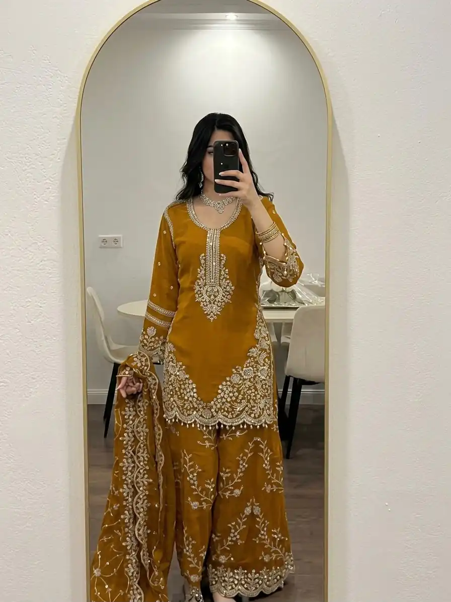 ZSR 3187 Yellow Faux Georgette Salwar Suit with Mirror Work & Embroidery Work. Get it for ₹2349. Delivery 4-6 Working Days. Shop now. | Jump Suits, Straight Suits, Casual Suits, Creative suits, Designer Suits, Palazzo Suits, Party Wear Suits, Patiala Suits, Salwar suit