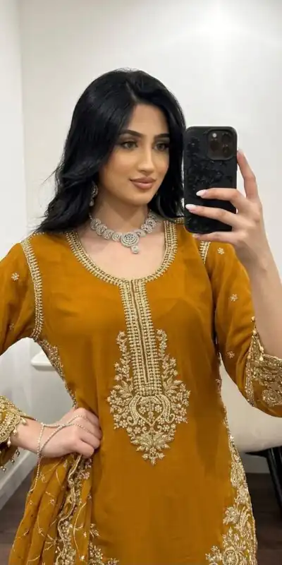 ZSR 3187 Yellow Faux Georgette Salwar Suit with Mirror Work & Embroidery Work. Get it for ₹2349. Delivery 4-6 Working Days. Shop now. | Jump Suits, Straight Suits, Casual Suits, Creative suits, Designer Suits, Palazzo Suits, Party Wear Suits, Patiala Suits, Salwar suit
