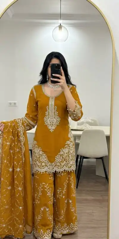 ZSR 3187 Yellow Faux Georgette Salwar Suit with Mirror Work & Embroidery Work. Get it for ₹2349. Delivery 4-6 Working Days. Shop now. | Jump Suits, Straight Suits, Casual Suits, Creative suits, Designer Suits, Palazzo Suits, Party Wear Suits, Patiala Suits, Salwar suit