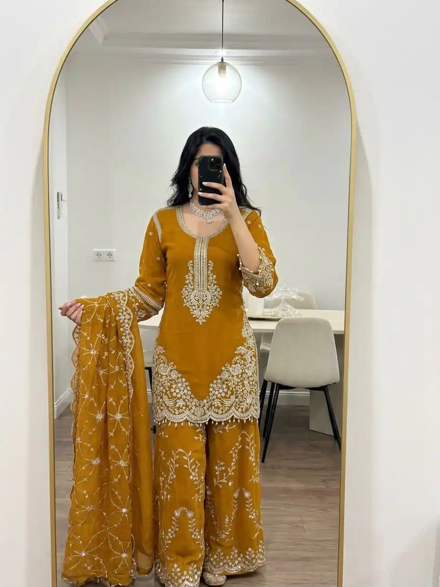 ZSR 3187 Yellow Faux Georgette Salwar Suit with Mirror Work & Embroidery Work. Get it for ₹2349. Delivery 4-6 Working Days. Shop now. | Jump Suits, Straight Suits, Casual Suits, Creative suits, Designer Suits, Palazzo Suits, Party Wear Suits, Patiala Suits, Salwar suit