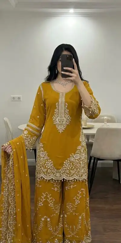 ZSR 3187 Yellow Faux Georgette Salwar Suit with Mirror Work & Embroidery Work. Get it for ₹2349. Delivery 4-6 Working Days. Shop now. | Jump Suits, Straight Suits, Casual Suits, Creative suits, Designer Suits, Palazzo Suits, Party Wear Suits, Patiala Suits, Salwar suit