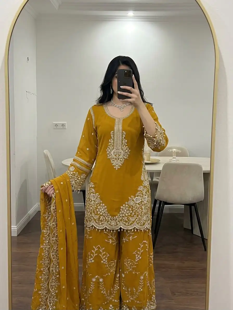 ZSR 3187 Yellow Faux Georgette Salwar Suit with Mirror Work & Embroidery Work. Get it for ₹2349. Delivery 4-6 Working Days. Shop now. | Jump Suits, Straight Suits, Casual Suits, Creative suits, Designer Suits, Palazzo Suits, Party Wear Suits, Patiala Suits, Salwar suit