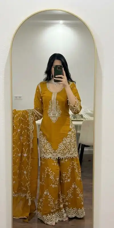 ZSR 3187 Yellow Faux Georgette Salwar Suit with Mirror Work & Embroidery Work. Get it for ₹2349. Delivery 4-6 Working Days. Shop now. | Jump Suits, Straight Suits, Casual Suits, Creative suits, Designer Suits, Palazzo Suits, Party Wear Suits, Patiala Suits, Salwar suit