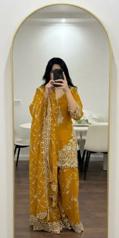 ZSR 3187 Yellow Faux Georgette Salwar Suit with Mirror Work & Embroidery Work. Get it for ₹2349. Delivery 4-6 Working Days. Shop now. | Jump Suits, Straight Suits, Casual Suits, Creative suits, Designer Suits, Palazzo Suits, Party Wear Suits, Patiala Suits, Salwar suit