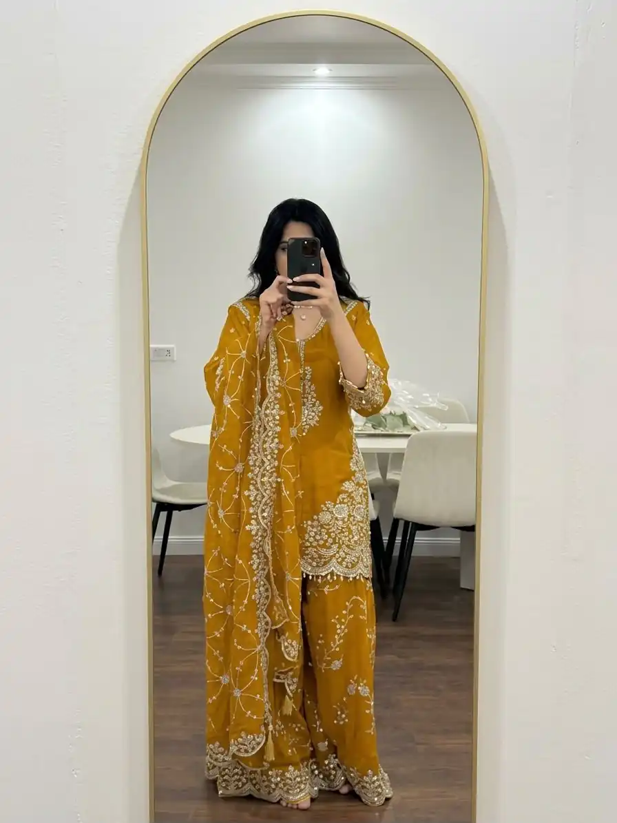 ZSR 3187 Yellow Faux Georgette Salwar Suit with Mirror Work & Embroidery Work. Get it for ₹2349. Delivery 4-6 Working Days. Shop now. | Jump Suits, Straight Suits, Casual Suits, Creative suits, Designer Suits, Palazzo Suits, Party Wear Suits, Patiala Suits, Salwar suit