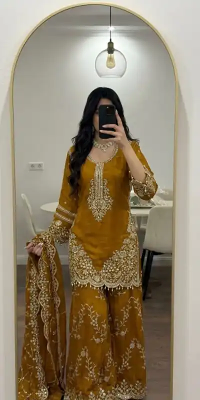ZSR 3187 Yellow Faux Georgette Salwar Suit with Mirror Work & Embroidery Work. Get it for ₹2349. Delivery 4-6 Working Days. Shop now. | Jump Suits, Straight Suits, Casual Suits, Creative suits, Designer Suits, Palazzo Suits, Party Wear Suits, Patiala Suits, Salwar suit