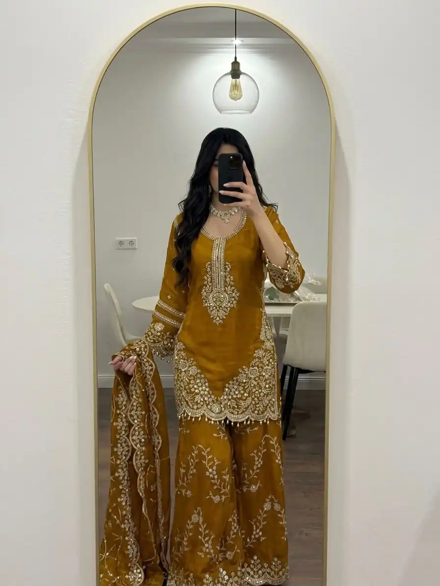 ZSR 3187 Yellow Faux Georgette Salwar Suit with Mirror Work & Embroidery Work. Get it for ₹2349. Delivery 4-6 Working Days. Shop now. | Jump Suits, Straight Suits, Casual Suits, Creative suits, Designer Suits, Palazzo Suits, Party Wear Suits, Patiala Suits, Salwar suit