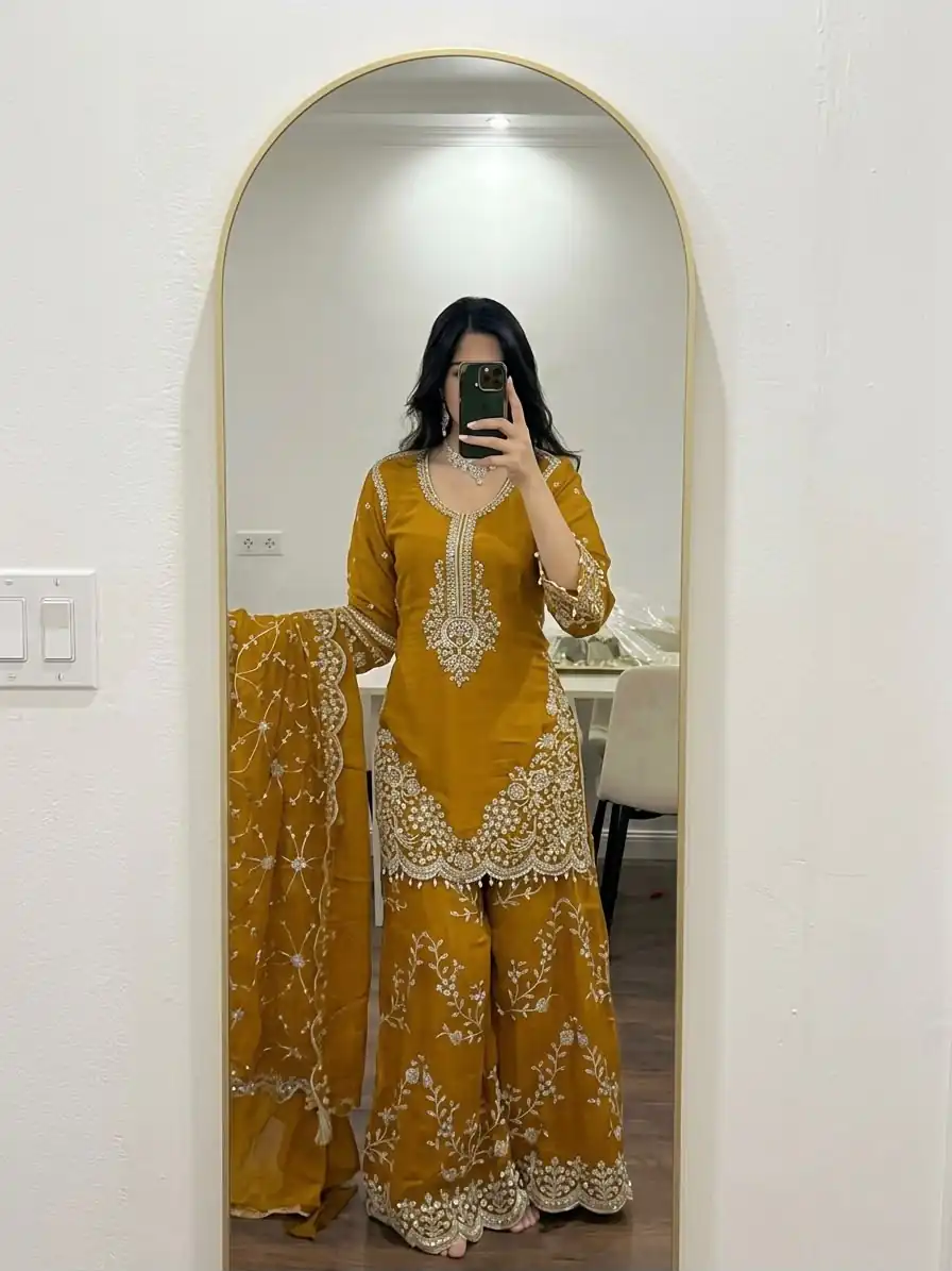 ZSR 3187 Yellow Faux Georgette Salwar Suit with Mirror Work & Embroidery Work. Get it for ₹2349. Delivery 4-6 Working Days. Shop now. | Jump Suits, Straight Suits, Casual Suits, Creative suits, Designer Suits, Palazzo Suits, Party Wear Suits, Patiala Suits, Salwar suit
