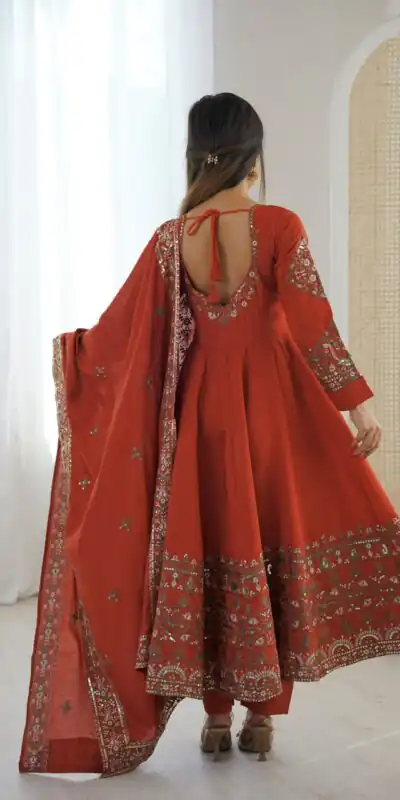 ZF 5016 Orange Roman Silk Gown with Embroidery Work. Wedding, Party, Festive, Events, Navratri, Exclusive Offer ₹2499. Delivery 4-6 Working Days. Shop now. | Bollywood Gowns, Creative Gowns, Designer Gowns, Embroidered Gowns, Gowns, Party Wear Gowns