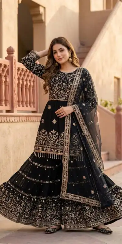 KF 1735 Black Faux Georgette Salwar Suit with Mirror Work & Embroidery Work. Get it for ₹2949. Delivery 4-6 Working Days. Shop now. | Jump Suits, Straight Suits, Casual Suits, Creative suits, Designer Suits, Palazzo Suits, Party Wear Suits, Patiala Suits, Salwar suit