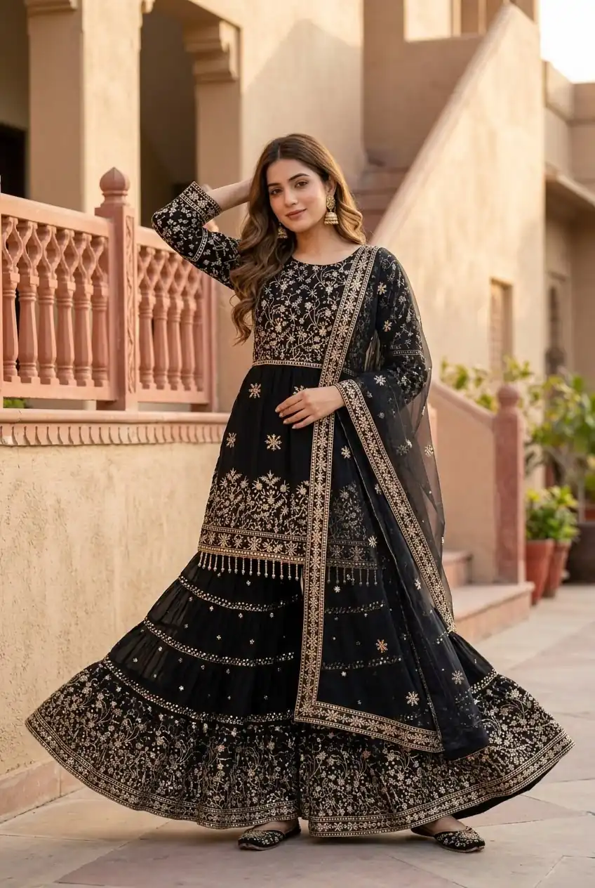 KF 1735 Black Faux Georgette Salwar Suit with Mirror Work & Embroidery Work. Get it for ₹2949. Delivery 4-6 Working Days. Shop now. | Jump Suits, Straight Suits, Casual Suits, Creative suits, Designer Suits, Palazzo Suits, Party Wear Suits, Patiala Suits, Salwar suit