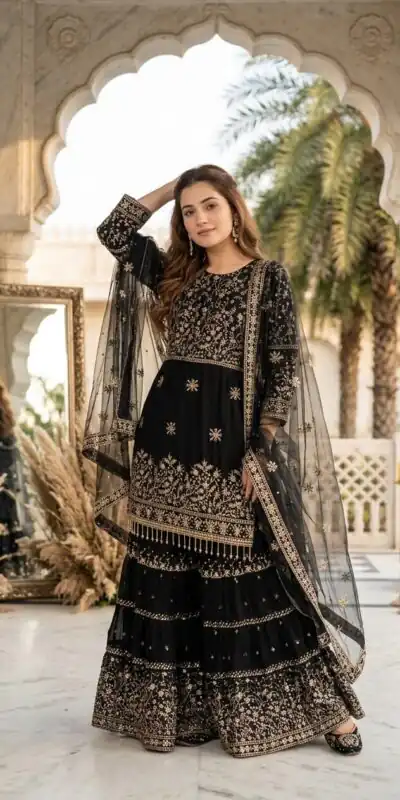 KF 1735 Black Faux Georgette Salwar Suit with Mirror Work & Embroidery Work. Get it for ₹2949. Delivery 4-6 Working Days. Shop now. | Jump Suits, Straight Suits, Casual Suits, Creative suits, Designer Suits, Palazzo Suits, Party Wear Suits, Patiala Suits, Salwar suit