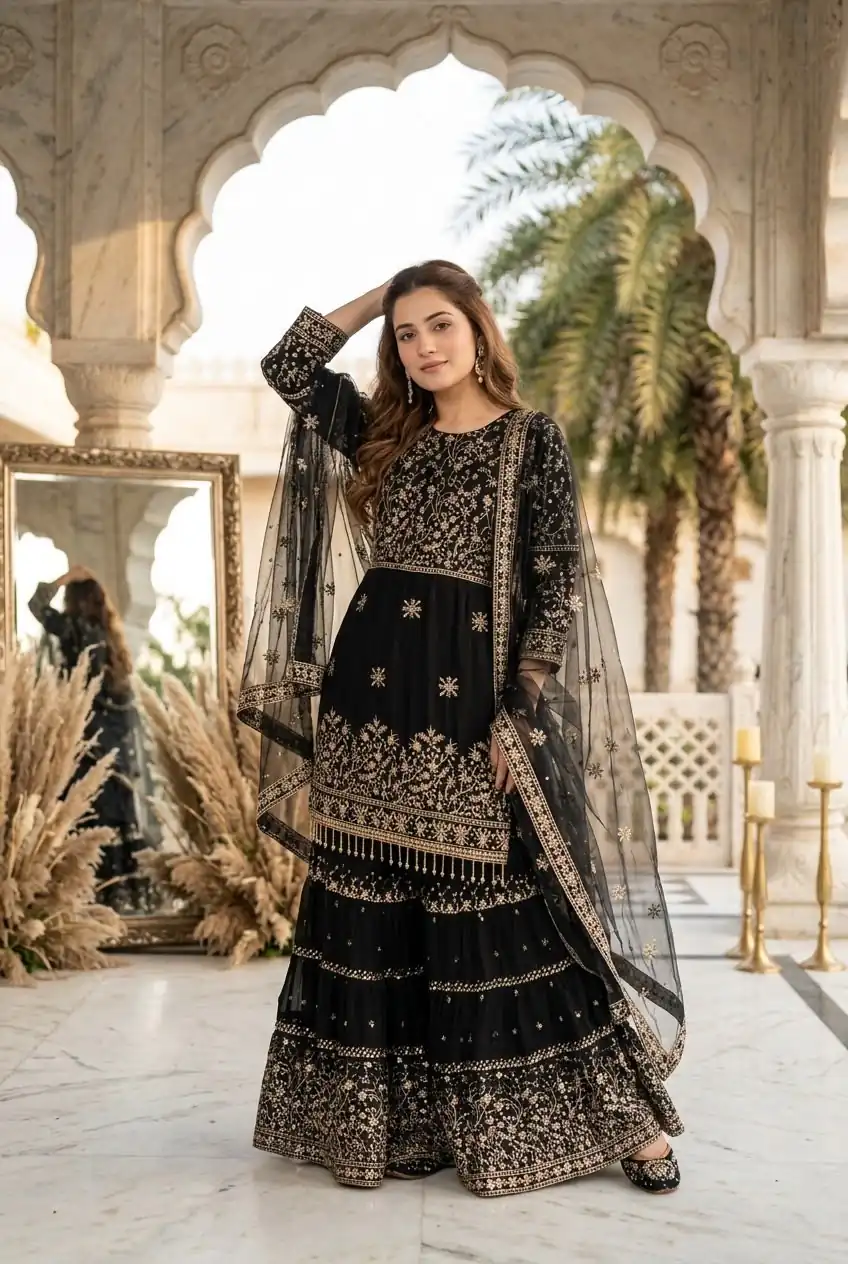 KF 1735 Black Faux Georgette Salwar Suit with Mirror Work & Embroidery Work. Get it for ₹2949. Delivery 4-6 Working Days. Shop now. | Jump Suits, Straight Suits, Casual Suits, Creative suits, Designer Suits, Palazzo Suits, Party Wear Suits, Patiala Suits, Salwar suit