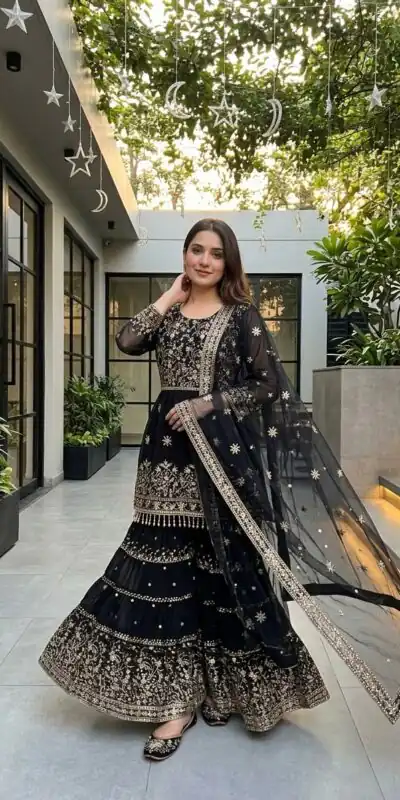 KF 1735 Black Faux Georgette Salwar Suit with Mirror Work & Embroidery Work. Get it for ₹2949. Delivery 4-6 Working Days. Shop now. | Jump Suits, Straight Suits, Casual Suits, Creative suits, Designer Suits, Palazzo Suits, Party Wear Suits, Patiala Suits, Salwar suit