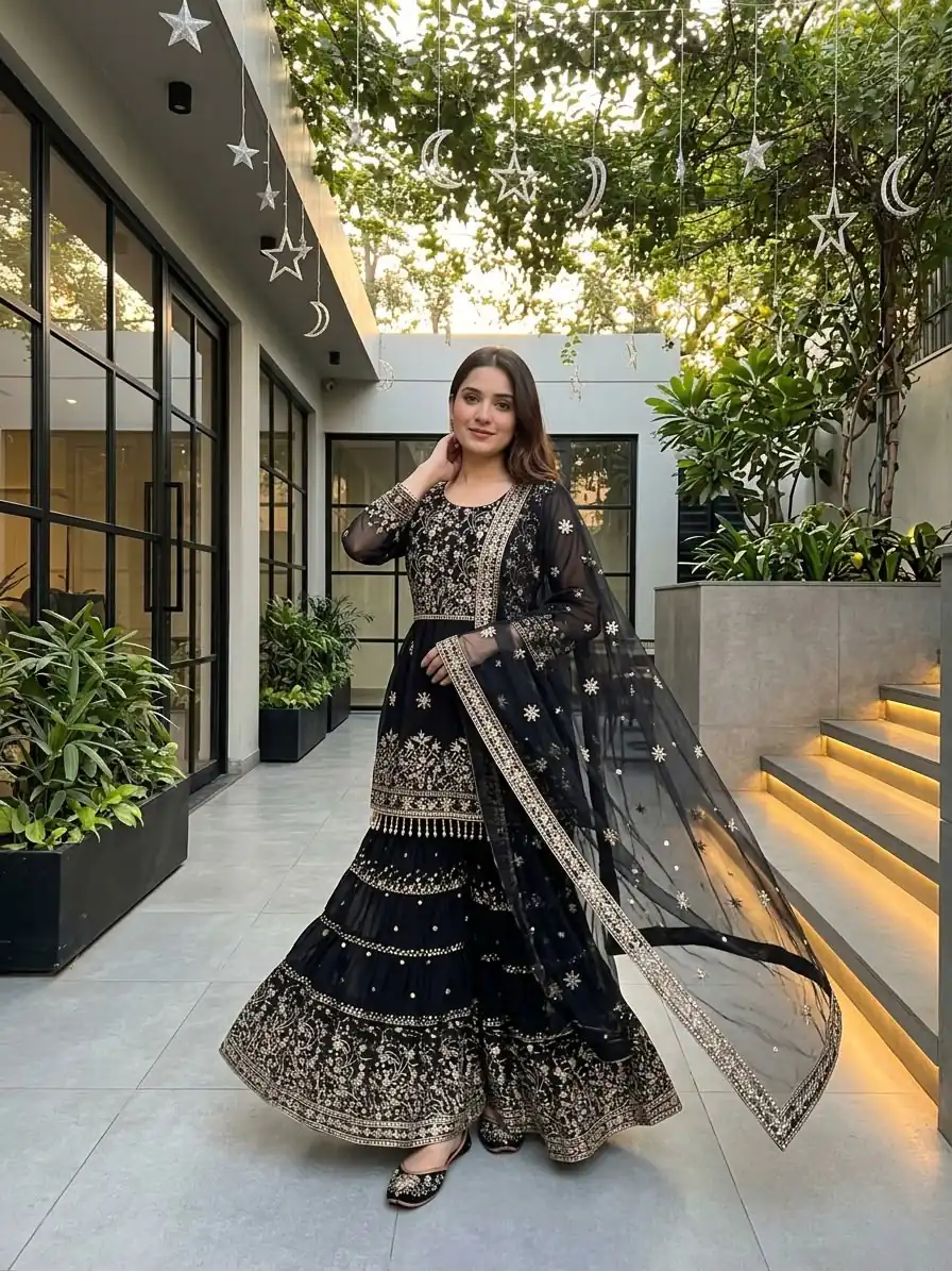 KF 1735 Black Faux Georgette Salwar Suit with Mirror Work & Embroidery Work. Get it for ₹2949. Delivery 4-6 Working Days. Shop now. | Jump Suits, Straight Suits, Casual Suits, Creative suits, Designer Suits, Palazzo Suits, Party Wear Suits, Patiala Suits, Salwar suit