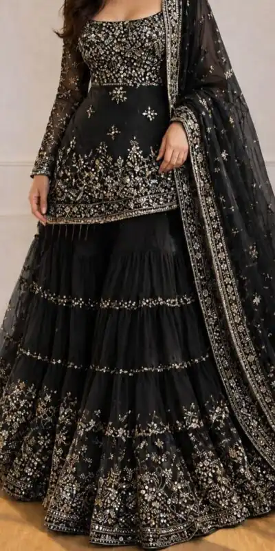 KF 1735 Black Faux Georgette Salwar Suit with Mirror Work & Embroidery Work. Get it for ₹2949. Delivery 4-6 Working Days. Shop now. | Jump Suits, Straight Suits, Casual Suits, Creative suits, Designer Suits, Palazzo Suits, Party Wear Suits, Patiala Suits, Salwar suit