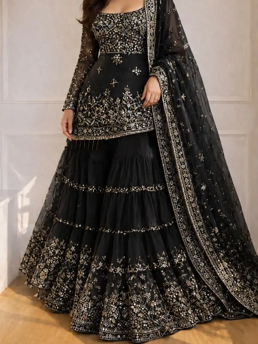 KF 1735 Black Faux Georgette Salwar Suit with Mirror Work & Embroidery Work. Get it for ₹2949. Delivery 4-6 Working Days. Shop now. | Jump Suits, Straight Suits, Casual Suits, Creative suits, Designer Suits, Palazzo Suits, Party Wear Suits, Patiala Suits, Salwar suit