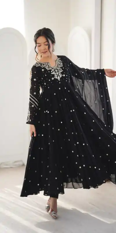 JF 056 Black Faux Georgette Salwar Suit with Mirror Work & Embroidery Work. Get it for ₹2349. Delivery 4-6 Working Days. Shop now. | Jump Suits, Straight Suits, Casual Suits, Creative suits, Designer Suits, Palazzo Suits, Party Wear Suits, Patiala Suits, Salwar suit