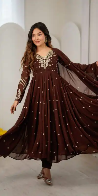 JF 056 Brown Faux Georgette Salwar Suit with Mirror Work & Embroidery Work. Get it for ₹2349. Delivery 4-6 Working Days. Shop now. | Jump Suits, Straight Suits, Casual Suits, Creative suits, Designer Suits, Palazzo Suits, Party Wear Suits, Patiala Suits, Salwar suit