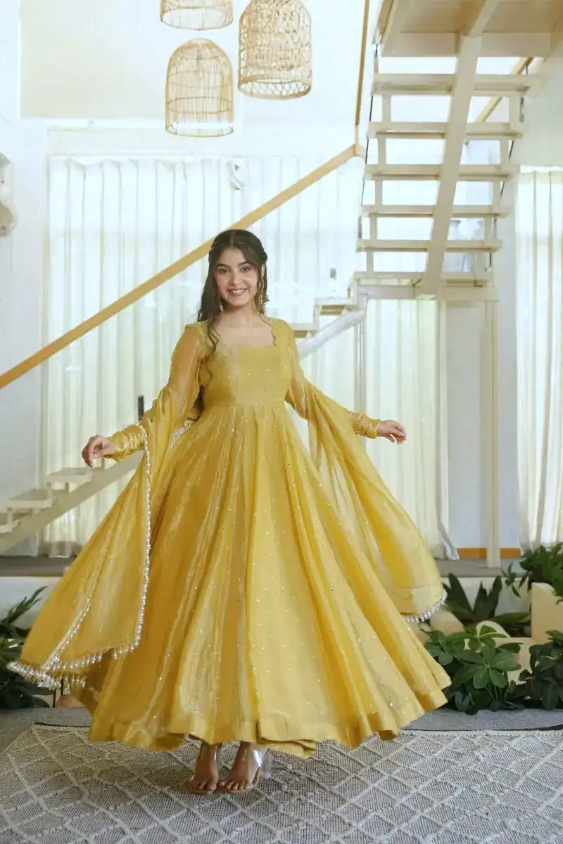 KD 1641 Gold in Salsa Silk Embroidery Work & Sequins Work Gown . Get it for ₹2899. Delivery 4-6 Working Days. Online Shop now. | Bollywood Gowns, Creative Gowns, Designer Gowns, Embroidered Gowns, Gowns, Party Wear Gowns