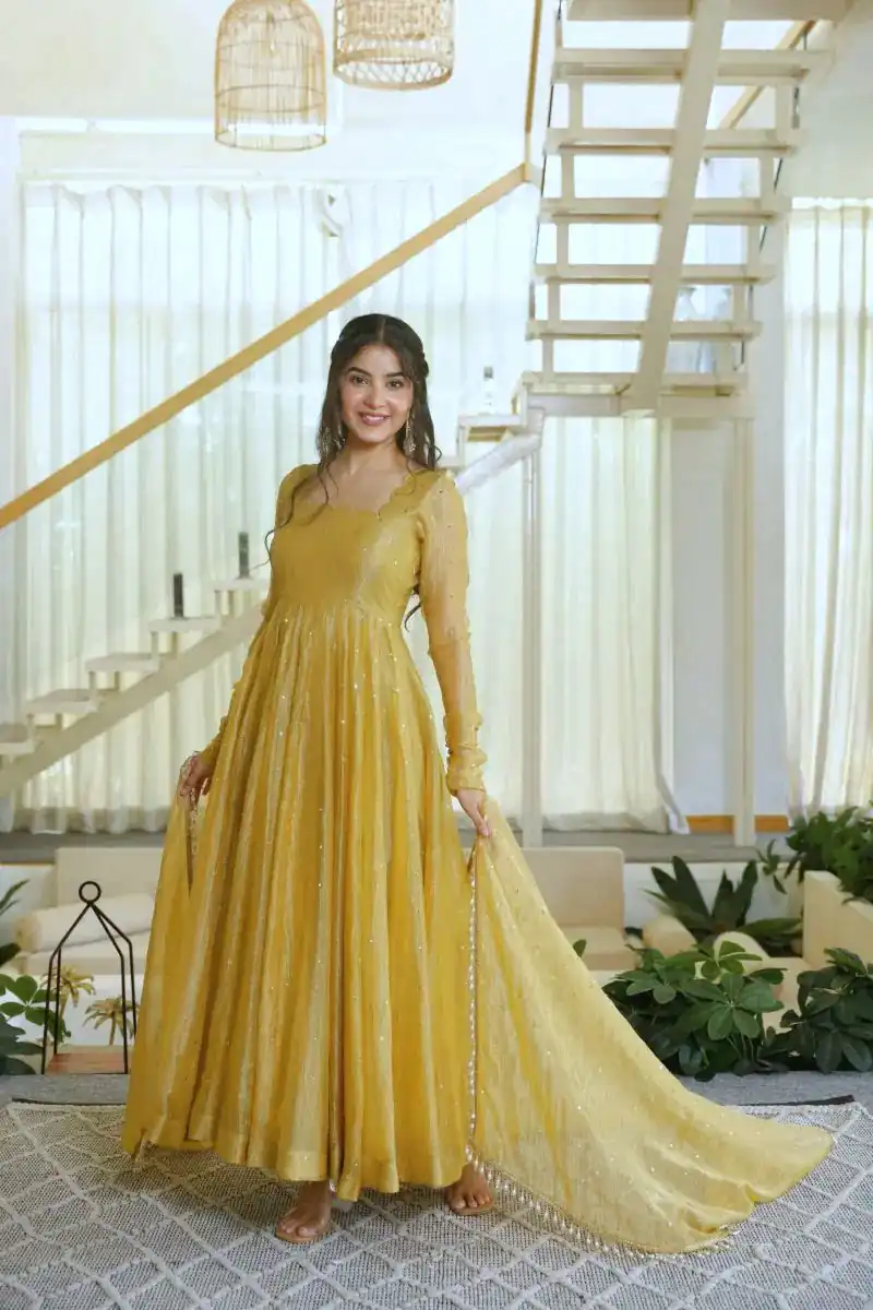 KD 1641 Gold in Salsa Silk Embroidery Work & Sequins Work Gown . Get it for ₹2899. Delivery 4-6 Working Days. Online Shop now. | Bollywood Gowns, Creative Gowns, Designer Gowns, Embroidered Gowns, Gowns, Party Wear Gowns
