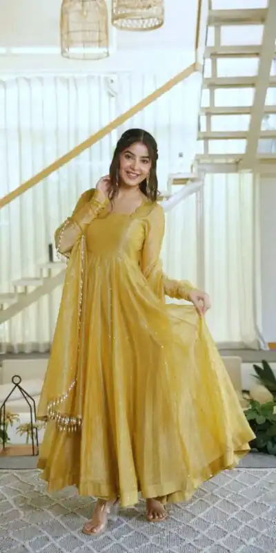 KD 1641 Gold in Salsa Silk Embroidery Work & Sequins Work Gown . Get it for ₹2899. Delivery 4-6 Working Days. Online Shop now. | Bollywood Gowns, Creative Gowns, Designer Gowns, Embroidered Gowns, Gowns, Party Wear Gowns