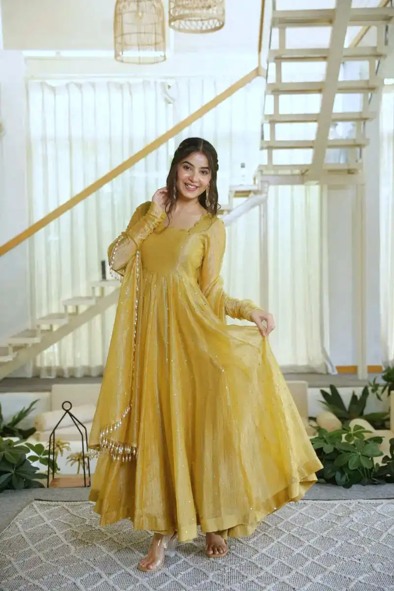 KD 1641 Gold in Salsa Silk Embroidery Work & Sequins Work Gown . Get it for ₹2899. Delivery 4-6 Working Days. Online Shop now. | Bollywood Gowns, Creative Gowns, Designer Gowns, Embroidered Gowns, Gowns, Party Wear Gowns