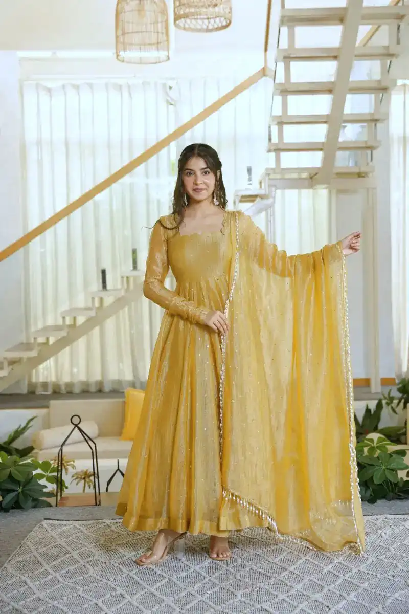 KD 1641 Gold in Salsa Silk Embroidery Work & Sequins Work Gown . Get it for ₹2899. Delivery 4-6 Working Days. Online Shop now. | Bollywood Gowns, Creative Gowns, Designer Gowns, Embroidered Gowns, Gowns, Party Wear Gowns