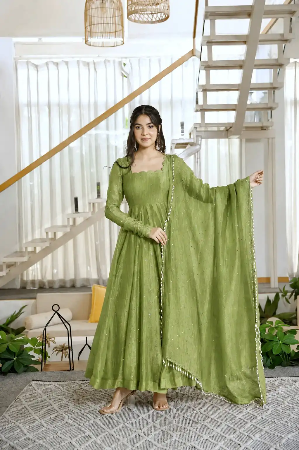 KD 1641 Green in Salsa Silk Embroidery Work & Sequins Work Gown . Get it for ₹2899. Delivery 4-6 Working Days. Online Shop now. | Bollywood Gowns, Creative Gowns, Designer Gowns, Embroidered Gowns, Gowns, Party Wear Gowns