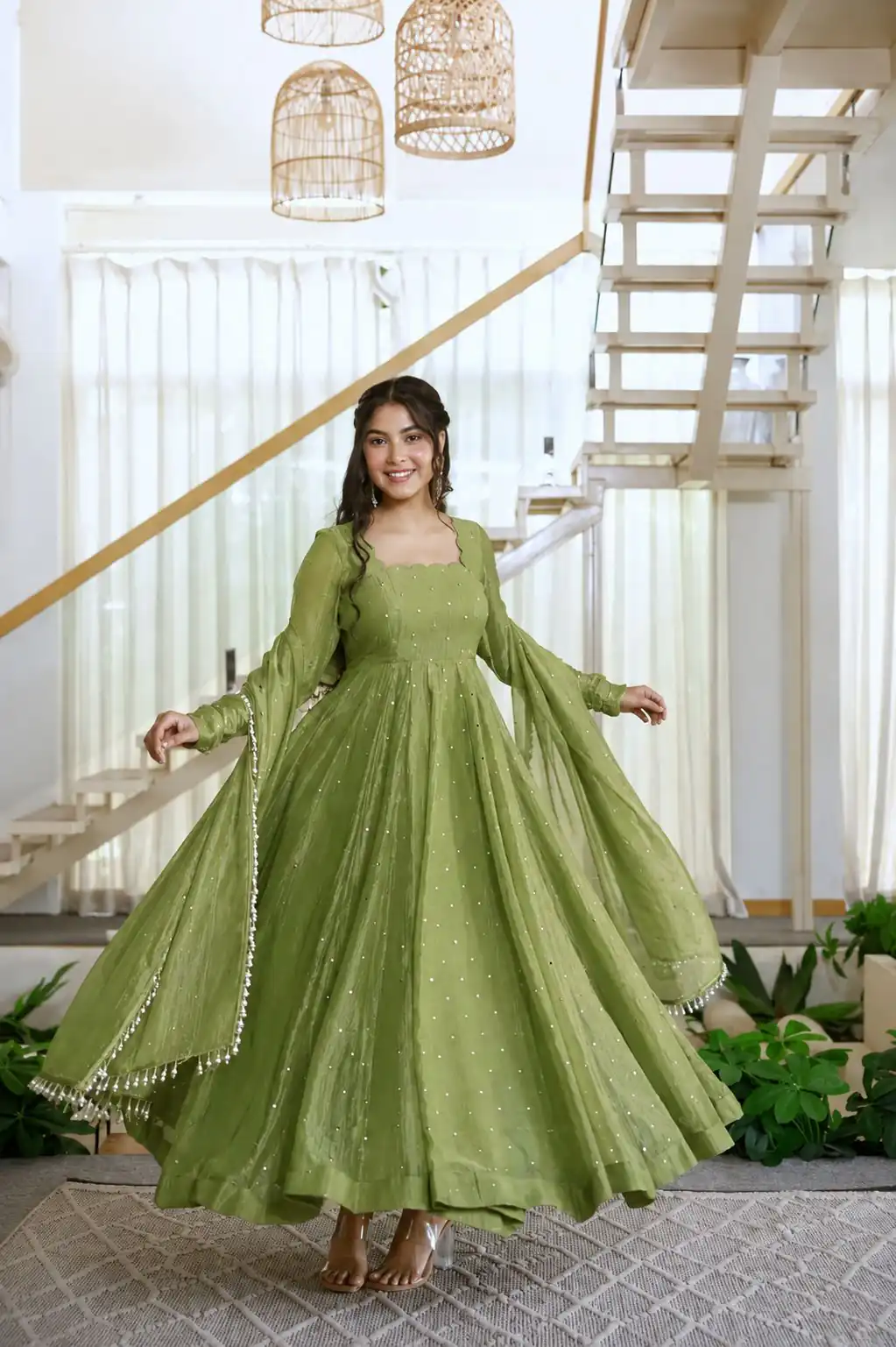 KD 1641 Green in Salsa Silk Embroidery Work & Sequins Work Gown . Get it for ₹2899. Delivery 4-6 Working Days. Online Shop now. | Bollywood Gowns, Creative Gowns, Designer Gowns, Embroidered Gowns, Gowns, Party Wear Gowns