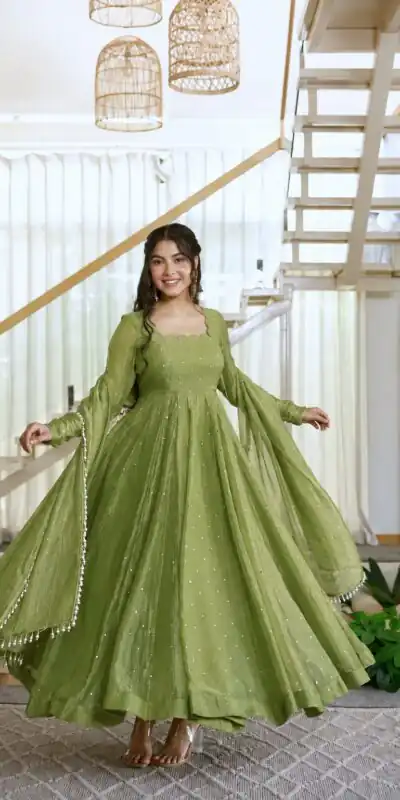 KD 1641 Green in Salsa Silk Embroidery Work & Sequins Work Gown . Get it for ₹2899. Delivery 4-6 Working Days. Online Shop now. | Bollywood Gowns, Creative Gowns, Designer Gowns, Embroidered Gowns, Gowns, Party Wear Gowns