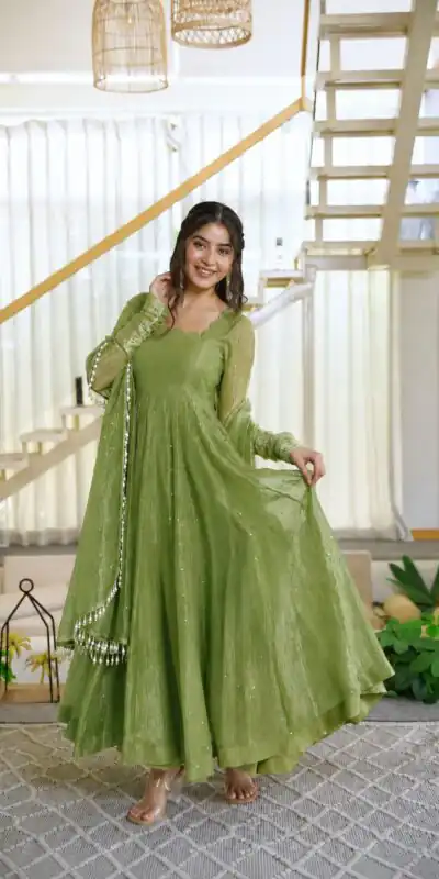 KD 1641 Green in Salsa Silk Embroidery Work & Sequins Work Gown . Get it for ₹2899. Delivery 4-6 Working Days. Online Shop now. | Bollywood Gowns, Creative Gowns, Designer Gowns, Embroidered Gowns, Gowns, Party Wear Gowns