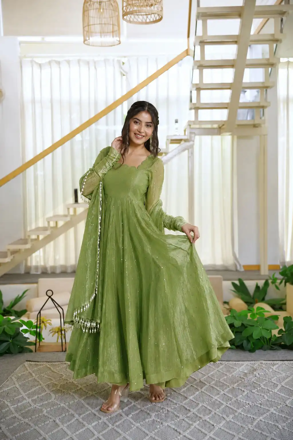 KD 1641 Green in Salsa Silk Embroidery Work & Sequins Work Gown . Get it for ₹2899. Delivery 4-6 Working Days. Online Shop now. | Bollywood Gowns, Creative Gowns, Designer Gowns, Embroidered Gowns, Gowns, Party Wear Gowns