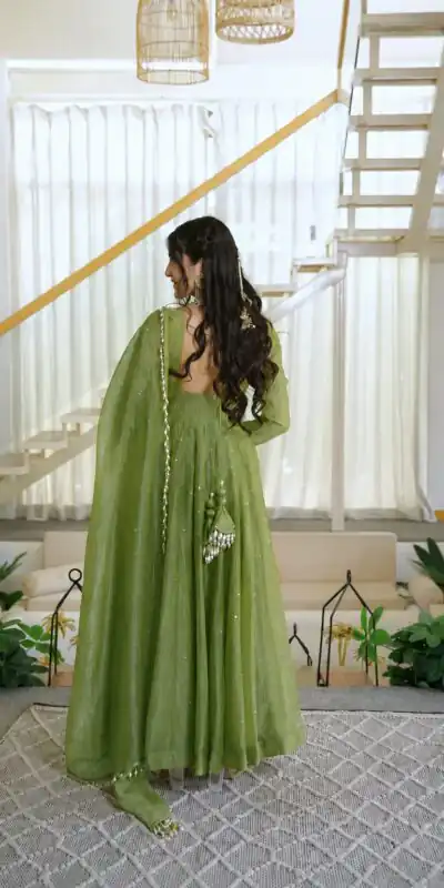 KD 1641 Green in Salsa Silk Embroidery Work & Sequins Work Gown . Get it for ₹2899. Delivery 4-6 Working Days. Online Shop now. | Bollywood Gowns, Creative Gowns, Designer Gowns, Embroidered Gowns, Gowns, Party Wear Gowns