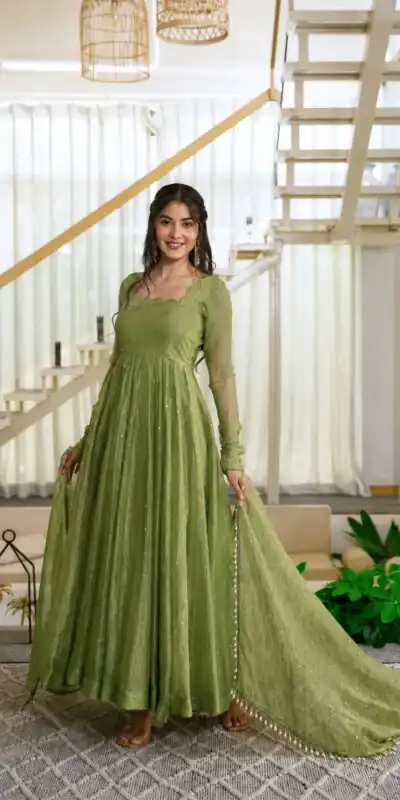 KD 1641 Green in Salsa Silk Embroidery Work & Sequins Work Gown . Get it for ₹2899. Delivery 4-6 Working Days. Online Shop now. | Bollywood Gowns, Creative Gowns, Designer Gowns, Embroidered Gowns, Gowns, Party Wear Gowns